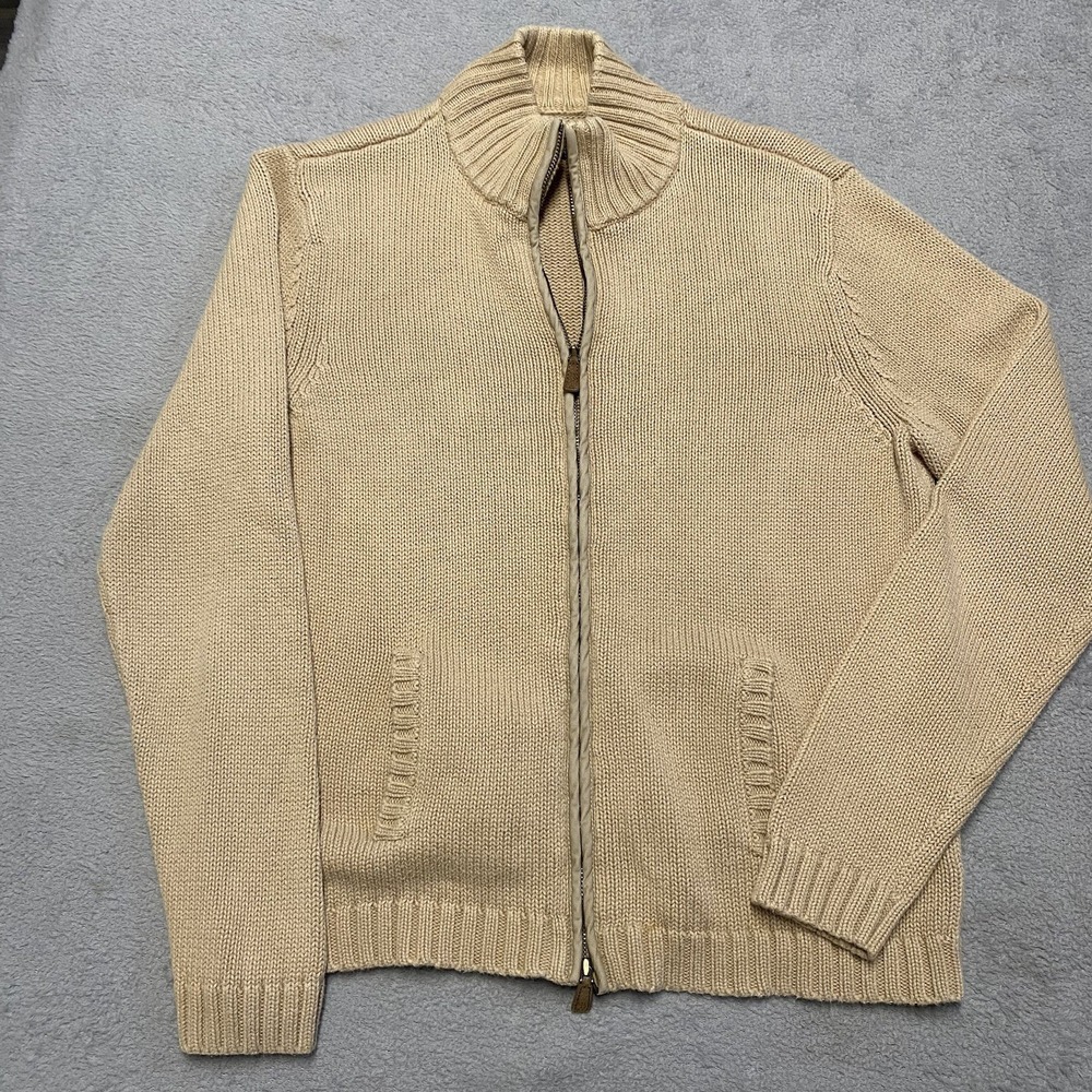 Lauren Ralph Lauren Sweater Womens Medium Petite Tan Knit Full Zip Pockets